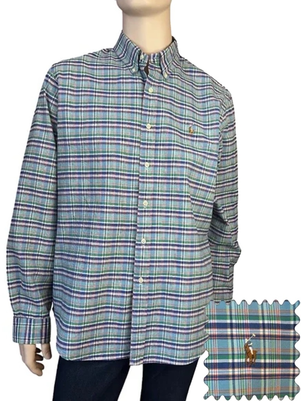 Ralph Lauren 100% Cotton Plaid Shirt Button Embroidered Polo Player Pony Crest